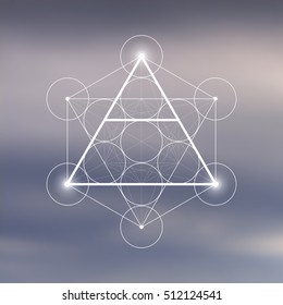 Air Element Symbol Inside Metatron Cube And Flower Of Life In Front Of Natural Blurry Background. Sacred Geometry Futuristic Vector Design.