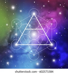 Air element symbol inside Metatron Cube and Flower of Life in front of space background. Sacred geometry futuristic vector design.