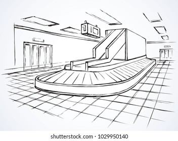 Air empty logistic schedule cargo carousel band track on white background. Black line hand drawn trip gate trolley pick machine design sketch in modern cartoon style pen on paper with space for text