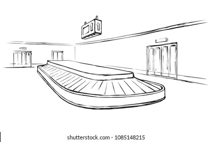 Air empty logistic schedule cargo carousel band track on white background. Black line hand drawn trip gate trolley pick machine design sketch in modern cartoon style pen on paper with space for text