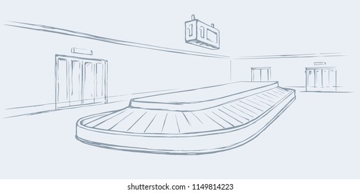 Air empty logistic schedule cargo carousel band track on white background. Black line hand drawn trip gate trolley pick machine design sketch in modern cartoon style pen on paper with space for text