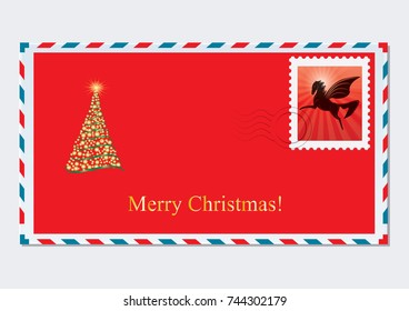 Air envelope with shiny Christmas tree and beautiful stamp with Pegasus - isolated on white background - art vector