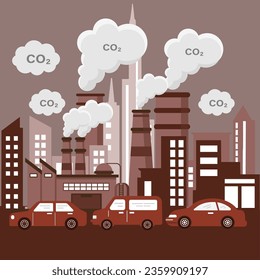  Air environtment pollutions at the city.Industrial factory and car with exhaust gas contaminate urban atmosphere vector illustration