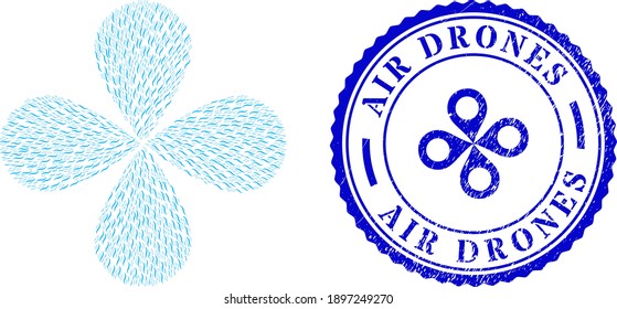 Air explosion flower with four petals, and blue round AIR DRONES grunge rubber print with icon inside. Element centrifugal explosion designed from oriented air items.