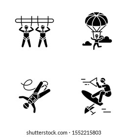 Air extreme sport glyph icons set. Giant swing, parachuting, bungee jumping and wakeboarding. Outdoor activities. Adrenaline entertainment and risky recreation. Vector isolated illustration