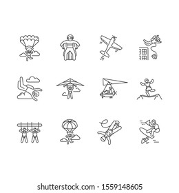 Air extreme sport linear icons set. Skydiving, parachuting, wingsuiting. Paragliding, aerobatics and bungee jumping. Thin line contour symbols. Isolated vector outline illustrations. Editable stroke