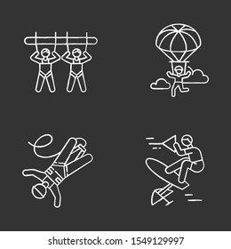 Air extreme sports chalk icons set. Giant swing, parachuting, bungee jumping and wakeboarding. Outdoor activities. Adrenaline entertainment and risky recreation. Isolated chalkboard illustrations