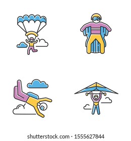 Air extreme sports color icons set. Hang gliding, skydiving, wing suiting and paragliding. Outdoor activities. Adrenaline entertainment and risky recreation. Isolated vector illustrations