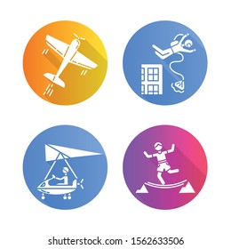 Air extreme sports flat design long shadow glyph icons set. Aerobatics, base jumping, micro lighting and highlining. Outdoor activities. Adrenaline entertainment. Vector silhouette illustration