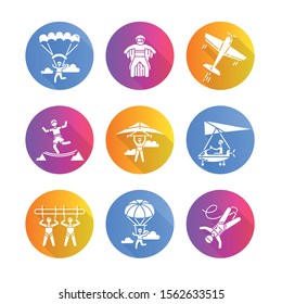 Air extreme sports flat design long shadow glyph icons set. Skydiving, parachuting, hang gliding, wingsuiting. Aerobatics, highlining, paragliding. Vector silhouette illustration