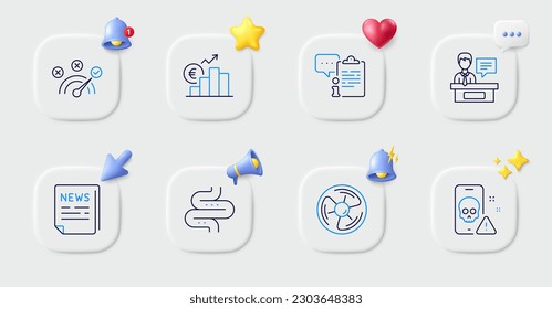 Air fan, Cyber attack and Intestine line icons. Buttons with 3d bell, chat speech, cursor. Pack of Fake news, Euro rate, Correct answer icon. Exhibitors, Clipboard pictogram. Vector