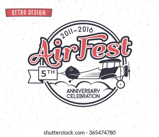 Air fest emblem. Biplane label. Retro Airplane badges, design elements. Vintage prints for t shirt. Aviation stamp. Aircraft logo. Travel logotype. Isolated on white textured background. Vector