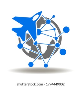 Vector de iconos de la red de planetas de Air Fighter Earth. Smart Innovative Avión Militar Robotic AI Technology Logo.