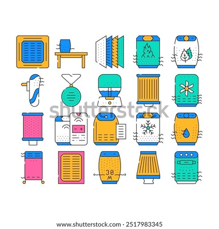 Air Filter Accessory Collection Icons Set Vector. Ventilation, Purifier And Humidifier Air Filter Replacement, Electronic Device Phone Control color Contour Illustrations