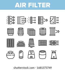 Air Filter And Airflow Collection Icons Set Vector. Car And Conditioner Air Filter Equipment, Domestic Device For Filtration Concept Linear Pictograms. Monochrome Contour Illustrations