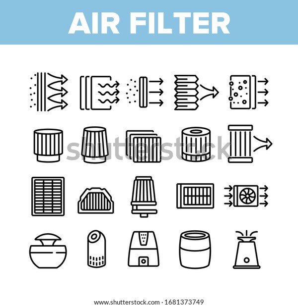Air Filter\
And Airflow Collection Icons Set Vector. Car And Conditioner Air\
Filter Equipment, Domestic Device For Filtration Concept Linear\
Pictograms. Monochrome Contour\
Illustrations