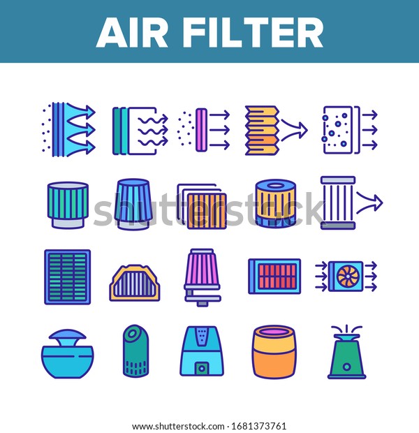 Air Filter And Airflow\
Collection Icons Set Vector. Car And Conditioner Air Filter\
Equipment, Domestic Device For Filtration Concept Linear\
Pictograms. Color\
Illustrations