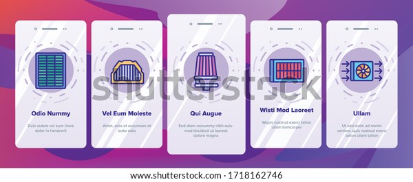 Air Filter And Airflow Onboarding Icons Set\
Vector. Car And Conditioner Air Filter Equipment, Domestic Device\
For Filtration\
Illustrations