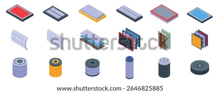  Air filter icons set. Different filters ensuring clean air and efficient engine operation, crucial for maintaining optimal performance in various applications