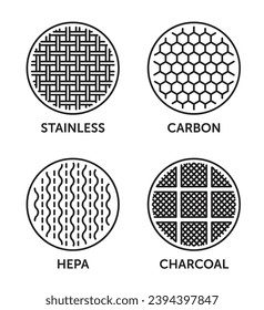 Air filter layers icons set - Stainless, Carbon, HEPA, Charcoal. Pictograms for packaging in thin line