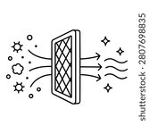 Air filter line icon showing dirty particles entering and clean airflow leaving for filtration, purifier and indoor air quality themes