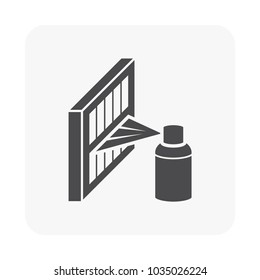 Air filter part of air purifier or air cleaner device. Cleaning by cleaner foam spray to improve quality, remove dust caused of asthma and improve air flow and filtration efficiency. Vector icon.