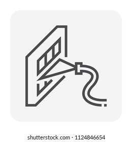 Air filter part of air purifier or air cleaner device. Cleaning by water spray to improve quality, remove dust caused of asthma and improve air flow and filtration efficiency. Vector icon.