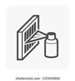 Air filter part of air purifier or air cleaner device. Cleaning by cleaner foam spray to improve quality, remove dust caused of asthma and improve air flow and filtration efficiency. Vector icon.