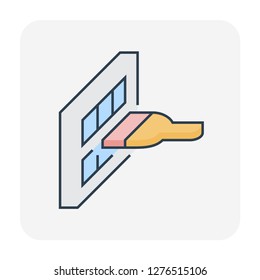 Air filter part of air purifier or air cleaner device. Cleaning by cleaner brush to improve quality, remove dust caused of asthma and improve air flow and filtration efficiency. Vector icon.
