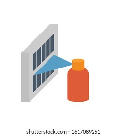 Air filter part of air purifier or air cleaner device. Cleaning by cleaner foam spray to improve quality, remove dust caused of asthma and improve air flow and filtration efficiency. Vector icon.