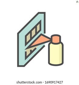 Air filter part of air purifier or air cleaner device. Cleaning by cleaner foam spray to improve quality, remove dust caused of asthma and improve air flow and filtration efficiency. Vector icon.
