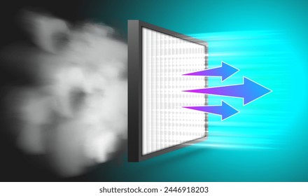 Air filter purify effect. Car airbox and cabin filter example. Antibacterial, dust, solid particle filtration.