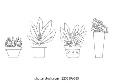 Air filtering plants in the others potted by black thin line set collection illustration.