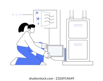 Ilustración del vector de concepto abstracto de filtración de aire. Trabajador del servicio de mantenimiento de viviendas privadas con filtro de Hepa de remediación, idea del método de eliminación de moldes, metáfora abstracta de bacterias matadas.