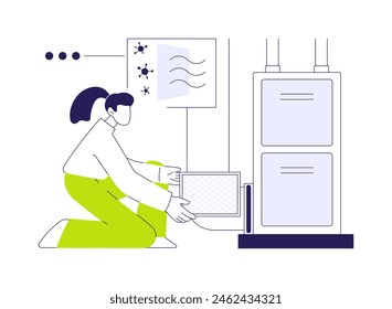 Ilustración vectorial abstracta del concepto de la filtración del aire. Trabajador privado del servicio de mantenimiento de la casa con la remediación Hepa Filtrar, idea del método de eliminación del moho, matan la metáfora abstracta de las bacterias.