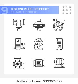 Air filtration linear icons set. Fresh air. Respiratory health. Home equipment. House appliance. Customizable thin line symbols. Isolated vector outline illustrations. Editable stroke