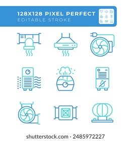 Air filtration two color line icons set. Fresh air. Respiratory health. Home equipment. House appliance bicolor outline iconset isolated. Duotone pictograms thin linear. Editable stroke