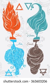 Air, Fire, Water, Earth. Elements. Esoteric illustration