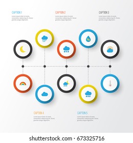 Air Flat Icons Set. Collection Of Sunny, Cloud, Moon And Other Elements. Also Includes Symbols Such As Rainy, Hail, Drip.