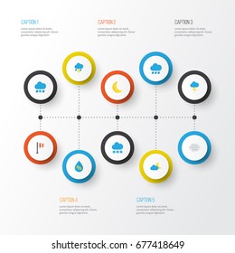 Air Flat Icons Set. Collection Of The Flash, Lightning, Snow And Other Elements. Also Includes Symbols Such As Drop, Sun, Banner.