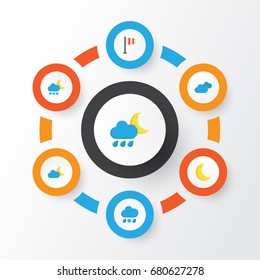 Air Flat Icons Set. Collection Of Moon, Hailstones, Overcast And Other Elements. Also Includes Symbols Such As Sun, Flag, Moon.