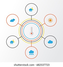 Air Flat Icons Set. Collection Of Temperature, Overcast, Hailstones And Other Elements. Also Includes Symbols Such As Clouds, Cloud, Rain.
