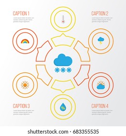 Air Flat Icons Set. Collection Of Bow, Sunny, Snow And Other Elements. Also Includes Symbols Such As Flash, Variegation, Lightning.