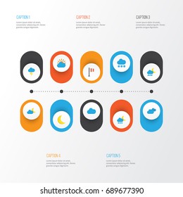 Air Flat Icons Set. Collection Of Moon, Hailstones, Banner And Other Elements. Also Includes Symbols Such As Crescent, Storm, Flag.