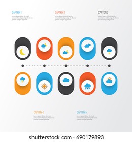 Air Flat Icons Set. Collection Of Moon, Hailstones, Sunny And Other Elements. Also Includes Symbols Such As Overcast, Outbreak, Sky.