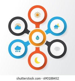 Air Flat Icons Set. Collection Of Sunny, Windy, Drop And Other Elements. Also Includes Symbols Such As Demilune, Snow, Hailstones.