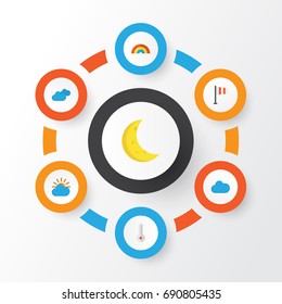 Air Flat Icons Set. Collection Of Moon, Overcast, Sunny And Other Elements. Also Includes Symbols Such As Sky, Overcast, Cloudy.