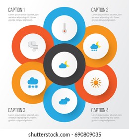 Air Flat Icons Set. Collection Of Snow, Crescent, Sun And Other Elements. Also Includes Symbols Such As Crescent, Sunny, Temperature.