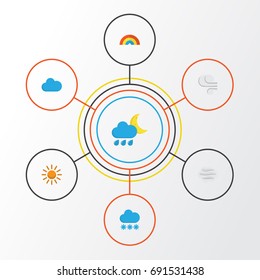 Air Flat Icons Set. Collection Of Hailstones, Storm, Windy And Other Elements. Also Includes Symbols Such As Cloud, Rainbow, Shower.