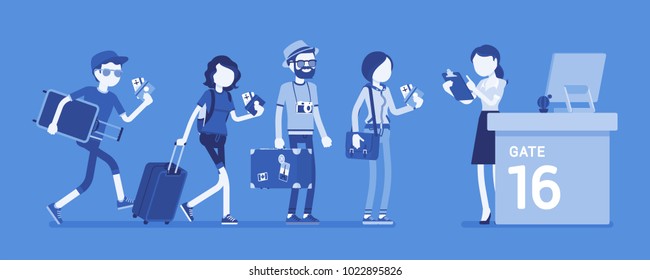 Air Flight Check Queue. Airport Check-in Passengers Standing In Line Before Travel, Airline Agent Checking Ticket Documents At Gate. Vector Illustration With Faceless Characters